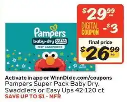 Winn Dixie Pampers Super Pack Baby Dry, Swaddlers or Easy Ups offer