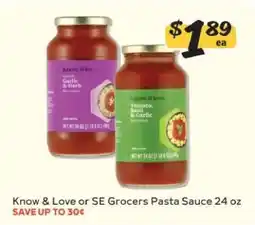 Winn Dixie Know & Love or SE Grocers Pasta Sauce 24 oz offer