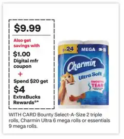 CVS Bounty Select-A-Size 2 triple rolls, Charmin Ultra 6 mega rolls or essentials 9 mega rolls offer