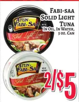 Trade Fair Supermarket FABI-SAA SOLID LIGHT TUNA IN OIL, IN WATER, 5 OZ. CAN offer