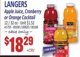 Jetro LANGERS Apple Juice, Cranberry or Orange Cocktail offer