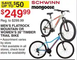 Dunham's Sports SCHWINN, MONGOOSE MEN'S FLATROCK MOUNTAIN OR WOMEN'S 26 TIMBER TRAIL BIKE offer