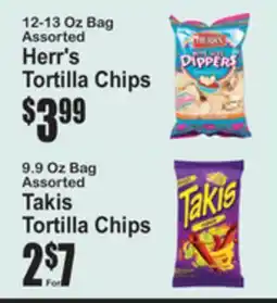 SuperFresh 12-13 Oz Bag Assorted Herr's Tortilla Chips, 9.9 Oz Bag Assorted Takis Tortilla Chips offer