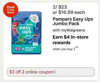 Walgreens Pampers Easy Ups Jumbo Pack offer