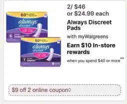 Walgreens Always Discreet Pads offer