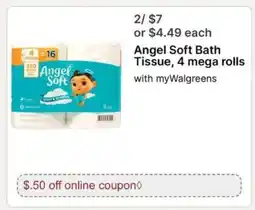 Walgreens Angel Soft Bath Tissue, 4 mega rolls offer