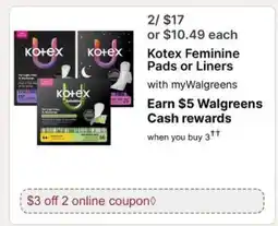 Walgreens Kotex Feminine Pads or Liners offer