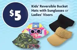 Family Dollar Kids' Reversible Bucket Hats with Sunglasses or Ladies' Visors offer