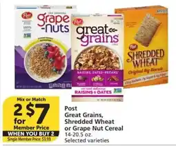 Vons Post Great Grains, Shredded Wheat or Grape Nut Cereal offer