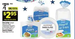 Dollar General True Living Hinged Trays, Foam Compartment Trays, or Foam Plates or Smart & Simple Paper Plates offer