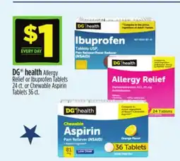 Dollar General DG health Allergy Relief or Ibuprofen Tablets 24 ct. or Chewable Aspirin Tablets 36 ct offer