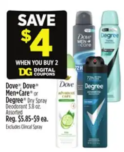 Dollar General Dove , Dove Men+Care or Degree Dry Spray Deodorant offer