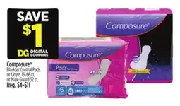 Dollar General Composure Bladder Control Pads or Liners 16-66 ct. or Male Guard 52 ct offer