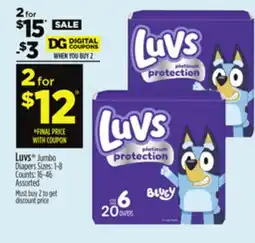 Dollar General Luvs Jumbo Diapers Sizes: 1-8 Counts: 16-46 offer