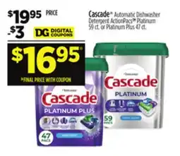 Dollar General Cascade Automatic Dishwasher Detergent ActionPacs Platinum offer