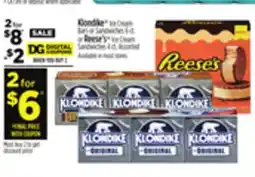 Dollar General KLONDIKE Ice Cream Bars or Sandwiches or REESE'S Ice Cream Sandwiches offer