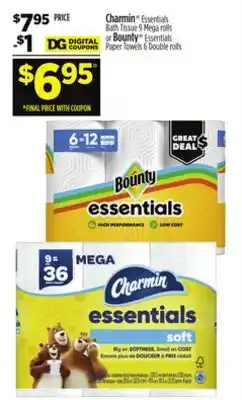 Dollar General Charmin Essentials, With Tissue 9 Mega rolls or Bounty Essentials Paper Towels 6 Double rolls offer