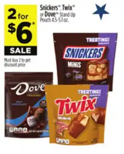 Dollar General Snickers , Twix or Dove Stand Up Pouch offer