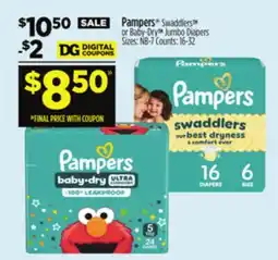 Dollar General Pampers Swaddlers or Baby-Dry Jumbo Diapers offer