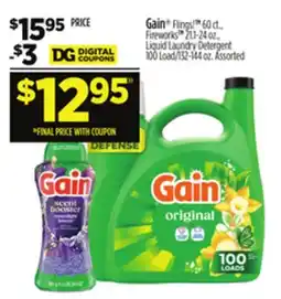 Dollar General Gain Flings 60 ct., Fireworks 21+24 oz., Liquid Laundry Detergent 100 Load/132-144 oz offer