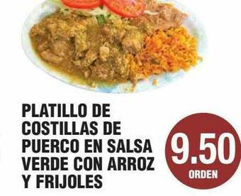 Carnicerias Jimenez Platillo De Costillas De Puerco En Salsa Verde Con Arroz Y Frijoles offer