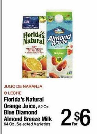 Jons International Florida's Natural Orange Juice, Blue Diamond Almond Breeze Milk offer