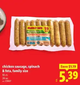 Lidl chicken sausage, spinach & feta, family size offer