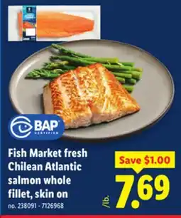 Lidl Fish Market fresh Chilean Atlantic salmon whole fillet, skin on offer