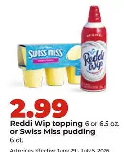 Hy-Vee Reddi Wip topping 6 or 6.5 oz. or Swiss Miss pudding 6 ct offer