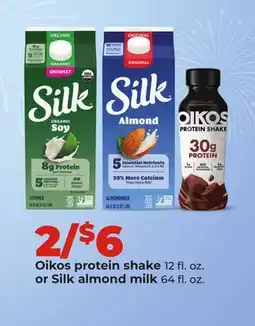 Hy-Vee Oikos protein shake 12 fl. oz. or Silk almond milk 64 fl. oz offer