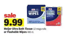 Meijer Meijer Ultra Bath Tissue 12 mega rolls or Flushable Wipes 480 ct offer