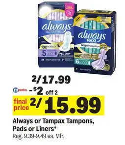 Meijer Always or Tampax Tampons, Pads or Liners offer
