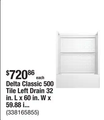 The Home Depot Delta Classic 500 Tile Left Drain 32 in. L x 60 in. W x 59.88 in. H Alcove Bathtub Kit with Tub Wall offer