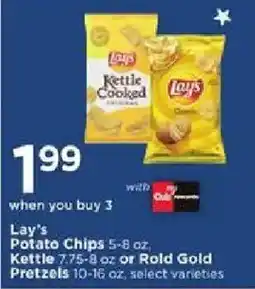 Cub Foods Lay's potato chips, kettle or rold gold pretzels offer