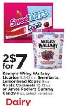 Cub Foods Kenny's Wiley Wallaby Licorice Sweetarts, Lemonhead Ropes Goetz Caramels or Amos Peelerz Gummy Candy offer