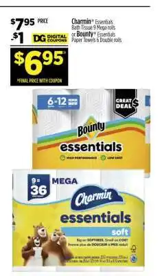 Dollar General Charmin Essentials Bath Tissue 9 Mega rolls or Bounty Essentials Paper Towels 6 Double rolls offer