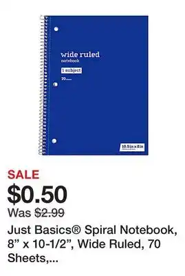 Office Depot Just Basics Spiral Notebook, 8 x 10-1/2, Wide Ruled, 70 Sheets, Blue offer