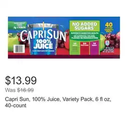 Costco Capri Sun, 100% Juice, Variety Pack, 6 fl oz, 40-count offer