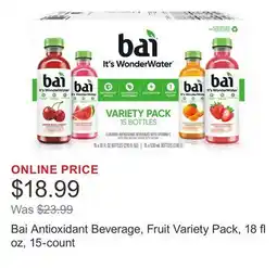 Costco Bai Antioxidant Beverage, Fruit Variety Pack, 18 fl oz, 15-count offer