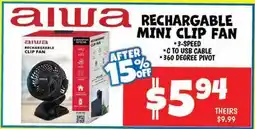 Ollie's AIWA RECHARGEABLE MINI CLIP FAN offer