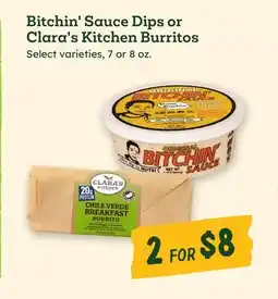 Sprouts Farmers Market Bitchin' Sauce Dips or Clara's Kitchen Burritos offer