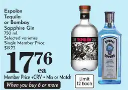 Pavilions Espolón Tequila or Bombay Sapphire Gin offer