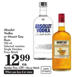 Pavilions Absolut Vodka or Mount Gay Rum offer