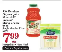Pavilions R.W. Knudsen Organic Juice 32 oz., +CRV Lucerne String Cheese 24 oz offer