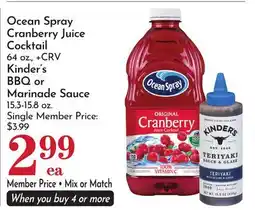 Pavilions Ocean Spray Cranberry Juice Cocktail 64 oz., +CRV Kinder's BBQ or Marinade Sauce 15.3-15.8 oz offer