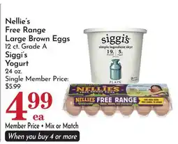 Pavilions Nellie's Free Range Large Brown Eggs 12 ct. Grade A Siggi's Yogurt 24 oz offer