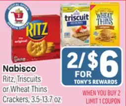 Tony’s Fresh Market Nabisco Ritz, Triscuits or Wheat Thins Crackers offer