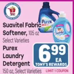 Tony’s Fresh Market Suavitel Fabric Softener, 105 oz Purex Laundry Detergent, 150 oz offer