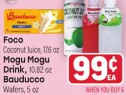 Tony’s Fresh Market Foco Coconut, Mogu Mogu Drink or Bauducco Wafers offer