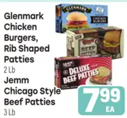 Tony’s Fresh Market Glenmark Chicken Burgers, Rib Shaped Patties or Jemm Chicago Style Beef Patties offer